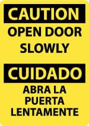 NMC - Caution - Open Door Slowly, Pressure Sensitive Vinyl Fire and Exit Sign - 10" Wide x 14" High, English/Spanish - Eagle Tool & Supply