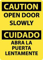 NMC - Caution - Open Door Slowly, Aluminum Fire and Exit Sign - 10" Wide x 14" High, English/Spanish - Eagle Tool & Supply