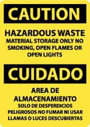 NMC - "Caution - Hazardous Waste Material Storage Only - No Smoking, Open Flames or Open Lights", 14" Long x 10" Wide, Rigid Plastic Safety Sign - Rectangle, 0.05" Thick, Use for Hazardous Materials - Eagle Tool & Supply