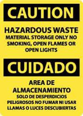 NMC - "Caution - Hazardous Waste Material Storage Only - No Smoking, Open Flames or Open Lights", 14" Long x 10" Wide, Pressure-Sensitive Vinyl Safety Sign - Rectangle, 0.004" Thick, Use for Hazardous Materials - Eagle Tool & Supply