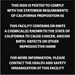 NMC - "This Sign Is Posted to Comply with The Statewide Requirements of California Proposition 65 This Facility Contains or...", 10" Long x 10" Wide, Rigid Plastic Safety Sign - Square, 0.05" Thick, Use for Hazardous Materials - Eagle Tool & Supply