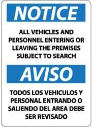 NMC - "Notice - All Vehicles and Personnel Entering or Leaving the Premises Subject to Search", 14" Long x 10" Wide, Rigid Plastic Safety Sign - Rectangle, 0.05" Thick, Use for Security & Admittance - Eagle Tool & Supply