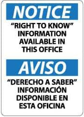 NMC - "Notice - "Right to Know" Information Available in This Office", 14" Long x 10" Wide, Rigid Plastic Safety Sign - Rectangle, 0.05" Thick, Use for Hazardous Materials - Eagle Tool & Supply