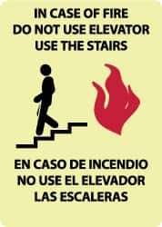 NMC - In Case of Fire - Do Not Use Elevator - Use the Stairs, Plastic Fire and Exit Sign - 10" Wide x 14" High, English/Spanish, Glow-in-the-Dark - Eagle Tool & Supply