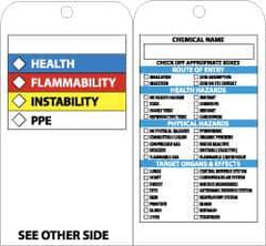 NMC - 3" High x 6" Long, HEALTH-FLAMMABILITY-INSTABILITY-PPE, English Safety & Facility Accident Prevention Tag - Tag Header: Notice, 2 Sides, Black, White, Yellow, Red & Blue Laminated Vinyl - Eagle Tool & Supply