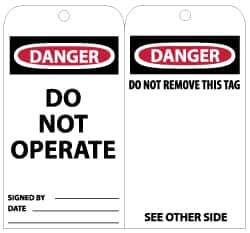 NMC - 3" High x 6" Long, DANGER - DO NOT OPERATE, English Safety & Facility Lockout Tag - Tag Header: Danger, 2 Sides, Black, Red & White Unrippable Vinyl - Eagle Tool & Supply