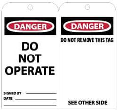 NMC - 3" High x 6" Long, DANGER - DO NOT OPERATE, English Safety & Facility Lockout Tag - Tag Header: Danger, 2 Sides, Black, Red & White Unrippable Vinyl - Eagle Tool & Supply