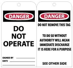 NMC - 3" High x 6" Long, DANGER - DO NOT OPERATE, English Safety & Facility Lockout Tag - Tag Header: Danger, 2 Sides, Black, Red & White Unrippable Vinyl - Eagle Tool & Supply