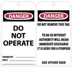 NMC - 3" High x 6" Long, DANGER - DO NOT OPERATE, English Safety & Facility Lockout Tag - Tag Header: Danger, 2 Sides, Black, Red & White Unrippable Vinyl - Eagle Tool & Supply