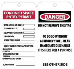 NMC - 3" High x 6" Long, CONFINED SPACE ENTRY LIMIT-CONFINED SPACE APPROVAL, English Safety & Facility Accident Prevention Tag - Tag Header: Danger, 2 Sides, Black & White Unrippable Vinyl - Eagle Tool & Supply