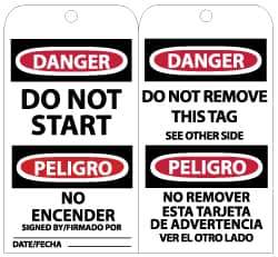 NMC - 3" High x 6" Long, DANGER - DO NOT START, English Safety & Facility Lockout Tag - Tag Header: Danger, 2 Sides, Black, Red & White Unrippable Vinyl - Eagle Tool & Supply