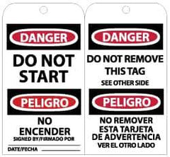 NMC - 3" High x 6" Long, DANGER - DO NOT START, English Safety & Facility Lockout Tag - Tag Header: Danger, 2 Sides, Black, Red & White Unrippable Vinyl - Eagle Tool & Supply
