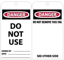NMC - 3" High x 6" Long, DANGER - DO NOT USE, English Safety & Facility Lockout Tag - Tag Header: Danger, 2 Sides, Black, Red & White Unrippable Vinyl - Eagle Tool & Supply