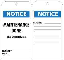NMC - 3" High x 6" Long, NOTICE - MAINTENANCE DONE, English Safety & Facility Lockout Tag - Tag Header: Notice, 2 Sides, Black, White & Blue Unrippable Vinyl - Eagle Tool & Supply