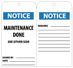 NMC - 3" High x 6" Long, NOTICE - MAINTENANCE DONE, English Safety & Facility Lockout Tag - Tag Header: Notice, 2 Sides, Black, White & Blue Unrippable Vinyl - Eagle Tool & Supply