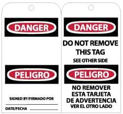 NMC - 3" High x 6" Long, DANGER, English Safety & Facility Lockout Tag - Tag Header: Danger, 2 Sides, Black, Red & White Unrippable Vinyl - Eagle Tool & Supply