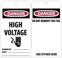 NMC - 3" High x 6" Long, DANGER - HIGH VOLTAGE, English Safety & Facility Lockout Tag - Tag Header: Danger, 2 Sides, Black, Red & White Unrippable Vinyl - Eagle Tool & Supply