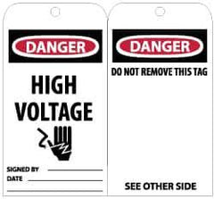 NMC - 3" High x 6" Long, DANGER - HIGH VOLTAGE, English Safety & Facility Lockout Tag - Tag Header: Danger, 2 Sides, Black, Red & White Unrippable Vinyl - Eagle Tool & Supply