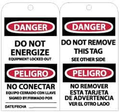 NMC - 3" High x 6" Long, DANGER - DO NOT ENERGIZE - EQUIPMENT LOCKED OUT, English Safety & Facility Lockout Tag - Tag Header: Danger, 2 Sides, Black, Red & White Unrippable Vinyl - Eagle Tool & Supply