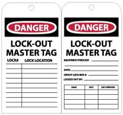 NMC - 3" High x 6" Long, DANGER - LOCK-OUT MASTER TAG, English Safety & Facility Lockout Tag - Tag Header: Danger, 2 Sides, Black, Red & White Unrippable Vinyl - Eagle Tool & Supply