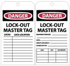 NMC - 3" High x 6" Long, DANGER - LOCK-OUT MASTER TAG, English Safety & Facility Lockout Tag - Tag Header: Danger, 2 Sides, Black, Red & White Unrippable Vinyl - Eagle Tool & Supply