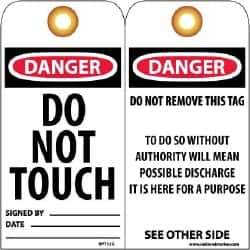 NMC - 3" High x 6" Long, DANGER - DO NOT TOUCH, English Safety & Facility Lockout Tag - Tag Header: Danger, 2 Sides, Black, Red & White Unrippable Vinyl - Eagle Tool & Supply