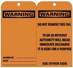 NMC - 3" High x 6" Long, Warning, English Safety & Facility Lockout Tag - Tag Header: Warning, 2 Sides, Black & Orange Unrippable Vinyl - Eagle Tool & Supply