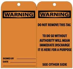 NMC - 3" High x 6" Long, Warning, English Safety & Facility Lockout Tag - Tag Header: Warning, 2 Sides, Black & Orange Unrippable Vinyl - Eagle Tool & Supply