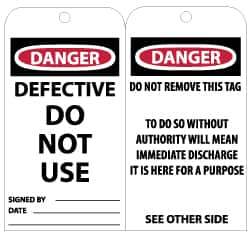 NMC - 3" High x 6" Long, DANGER - DEFECTIVE - DO NOT USE, English Safety & Facility Lockout Tag - Tag Header: Danger, 2 Sides, Black, Red & White Unrippable Vinyl - Eagle Tool & Supply