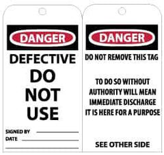 NMC - 3" High x 6" Long, DANGER - DEFECTIVE - DO NOT USE, English Safety & Facility Lockout Tag - Tag Header: Danger, 2 Sides, Black, Red & White Unrippable Vinyl - Eagle Tool & Supply