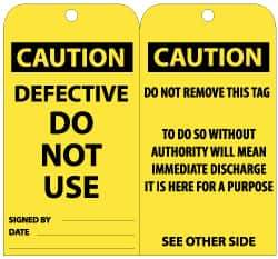 NMC - 3" High x 6" Long, CAUTION - DEFECTIVE - DO NOT USE, English Safety & Facility Lockout Tag - Tag Header: CAUTION, 2 Sides, Black & Yellow Unrippable Vinyl - Eagle Tool & Supply