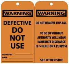 NMC - 3" High x 6" Long, WARNING - DEFECTIVE-DO NOT USE, English Safety & Facility Lockout Tag - Tag Header: Warning, 2 Sides, Black & Orange Unrippable Vinyl - Eagle Tool & Supply