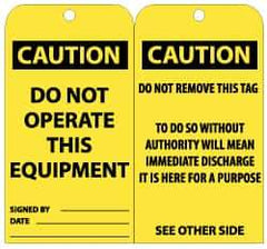 NMC - 3" High x 6" Long, CAUTION - DO NOT OPERATE THIS EQUIPMENT, English Safety & Facility Lockout Tag - Tag Header: CAUTION, 2 Sides, Black & Yellow Unrippable Vinyl - Eagle Tool & Supply