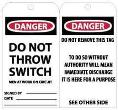 NMC - 3" High x 6" Long, DANGER - DO NOT THROW SWITCH - MEN AT WORK ON CIRCUIT, English Safety & Facility Lockout Tag - Tag Header: Danger, 2 Sides, Black, Red & White Unrippable Vinyl - Eagle Tool & Supply