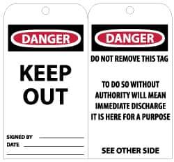 NMC - 3" High x 6" Long, DANGER - KEEP OUT, English Safety & Facility Accident Prevention Tag - Tag Header: Danger, 2 Sides, Black, Red & White Unrippable Vinyl - Eagle Tool & Supply