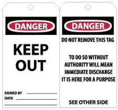 NMC - 3" High x 6" Long, DANGER - KEEP OUT, English Safety & Facility Accident Prevention Tag - Tag Header: Danger, 2 Sides, Black, Red & White Unrippable Vinyl - Eagle Tool & Supply
