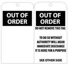 NMC - 3" High x 6" Long, OUT OF ORDER, English Safety & Facility Lockout Tag - Tag Header: Notice, 2 Sides, Black & White Unrippable Vinyl - Eagle Tool & Supply