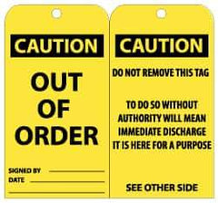 NMC - 3" High x 6" Long, CAUTION - OUT OF ORDER, English Safety & Facility Lockout Tag - Tag Header: CAUTION, 2 Sides, Black & Yellow Unrippable Vinyl - Eagle Tool & Supply