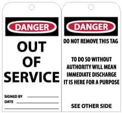 NMC - 3" High x 6" Long, Danger - Out of Service, English Safety & Facility Lockout Tag - Tag Header: Danger, 2 Sides, Black, Red & White Unrippable Vinyl - Eagle Tool & Supply