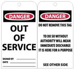 NMC - 3" High x 6" Long, Danger - Out of Service, English Safety & Facility Lockout Tag - Tag Header: Danger, 2 Sides, Black, Red & White Unrippable Vinyl - Eagle Tool & Supply