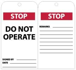 NMC - 3" High x 6" Long, STOP - DO NOT OPERATE, English Safety & Facility Lockout Tag - Tag Header: CAUTION, 2 Sides, Black, Red & White Unrippable Vinyl - Eagle Tool & Supply