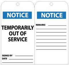 NMC - 3" High x 6" Long, NOTICE - TEMPORARIILY OUT OF SERVICE, English Safety & Facility Lockout Tag - Tag Header: Notice, 2 Sides, Black, White & Blue Unrippable Vinyl - Eagle Tool & Supply