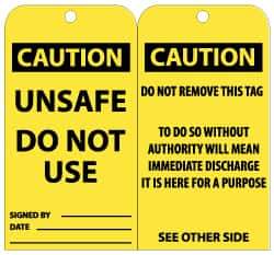 NMC - 3" High x 6" Long, CAUTION - UNSAFE - DO NOT USE, English Safety & Facility Lockout Tag - Tag Header: CAUTION, 2 Sides, Black & Yellow Unrippable Vinyl - Eagle Tool & Supply