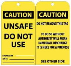 NMC - 3" High x 6" Long, CAUTION - UNSAFE - DO NOT USE, English Safety & Facility Lockout Tag - Tag Header: CAUTION, 2 Sides, Black & Yellow Unrippable Vinyl - Eagle Tool & Supply