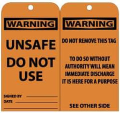 NMC - 3" High x 6" Long, WARNING - UNSAFE DO NOT USE, English Safety & Facility Lockout Tag - Tag Header: Warning, 2 Sides, Black & Orange Unrippable Vinyl - Eagle Tool & Supply