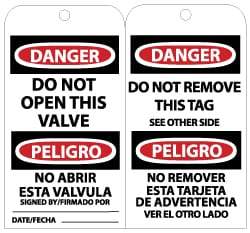 NMC - 3" High x 6" Long, DANGER - DO NOT OPEN THIS VALVE, English Safety & Facility Lockout Tag - Tag Header: Danger, 2 Sides, Black, Red & White Unrippable Vinyl - Eagle Tool & Supply