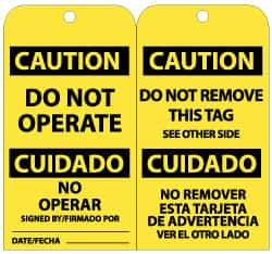 NMC - 3" High x 6" Long, CAUTION - DO NOT OPERATE, English Safety & Facility Lockout Tag - Tag Header: CAUTION, 2 Sides, Black & Yellow Unrippable Vinyl - Eagle Tool & Supply