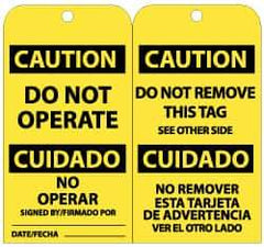 NMC - 3" High x 6" Long, CAUTION - DO NOT OPERATE, English Safety & Facility Lockout Tag - Tag Header: CAUTION, 2 Sides, Black & Yellow Unrippable Vinyl - Eagle Tool & Supply