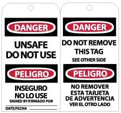 NMC - 3" High x 6" Long, DANGER - UNSAFE DO NOT USE, English Safety & Facility Lockout Tag - Tag Header: Danger, 2 Sides, Black, Red & White Unrippable Vinyl - Eagle Tool & Supply