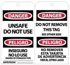 NMC - 3" High x 6" Long, DANGER - UNSAFE DO NOT USE, English Safety & Facility Lockout Tag - Tag Header: Danger, 2 Sides, Black, Red & White Unrippable Vinyl - Eagle Tool & Supply